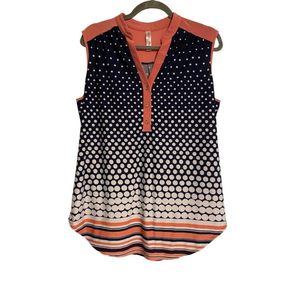 Per Seption Concept Women's XL Blouse Coral Navy Polka Dot Stripe Sleeveless